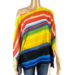 Apostrophe Womens Poncho Blouse Top Shirt Sheer Brightly Striped Pullover Medium